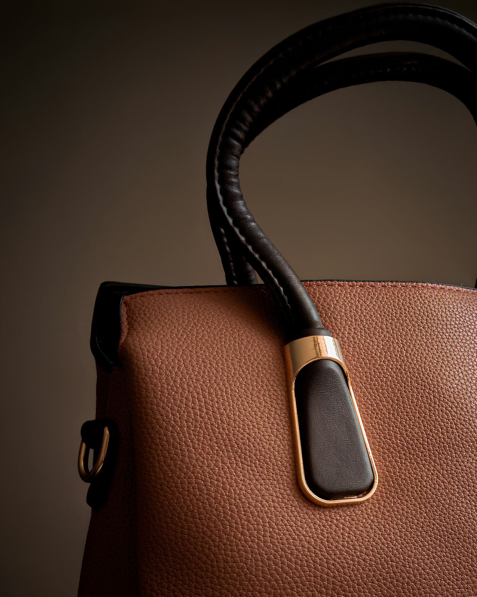 A brown and black handbag is on display.